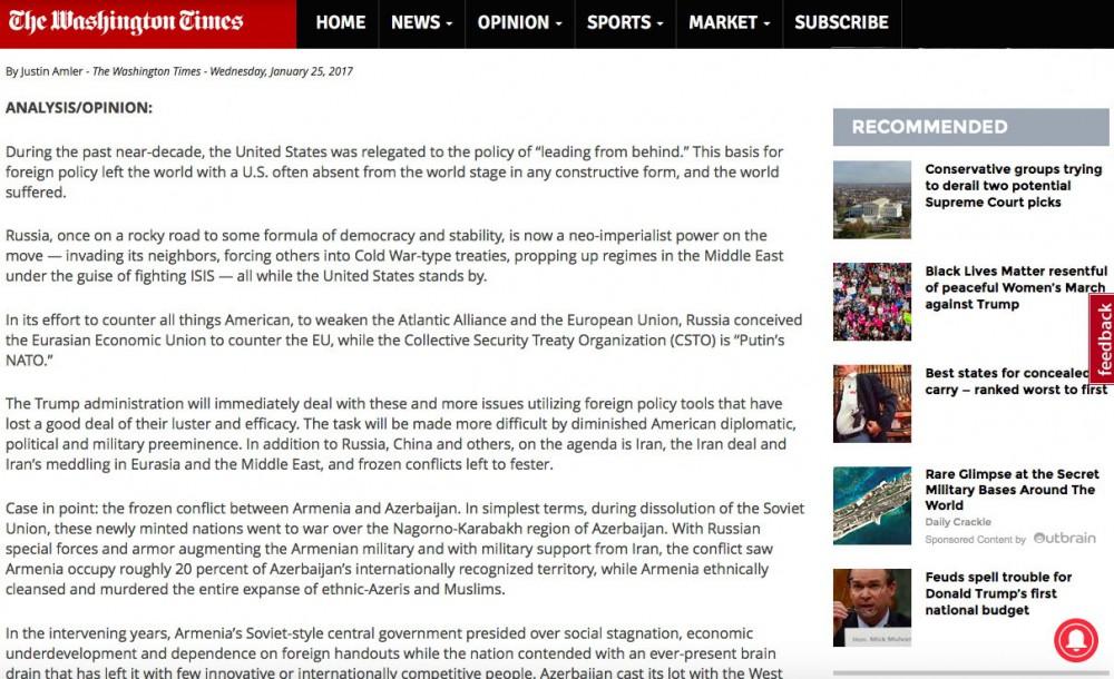 The Washington Times об армянской агрессии против Азербайджана