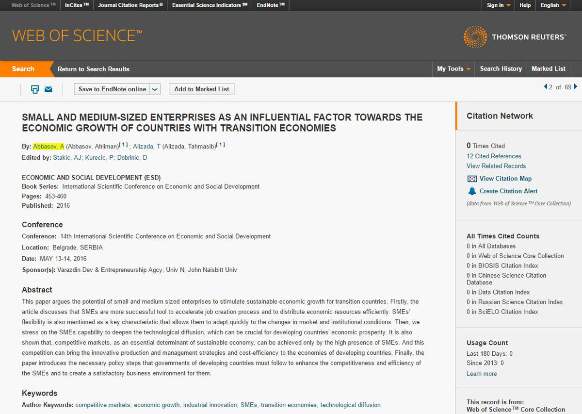 Статья преподавателей UNEC включена в базу Thomson Reuters