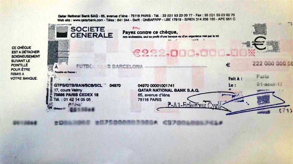 В Сети появилось фото чека за трансфер Неймара в ПСЖ