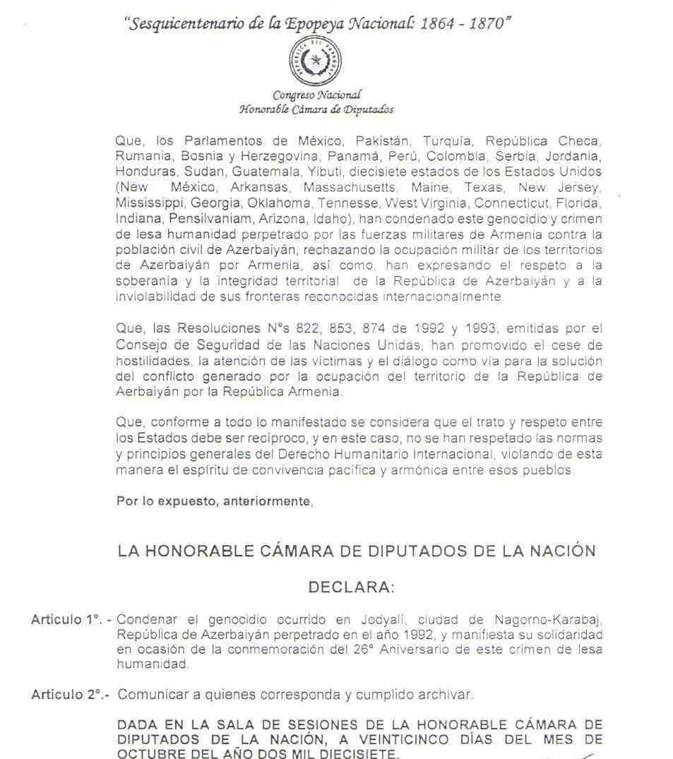 Парламент Парагвая признал Ходжалинский геноцид