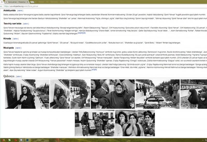 “Wikipedia”nın özbəkdilli versiyasında “Qara Yanvar” adlı bölmə yaradılıb