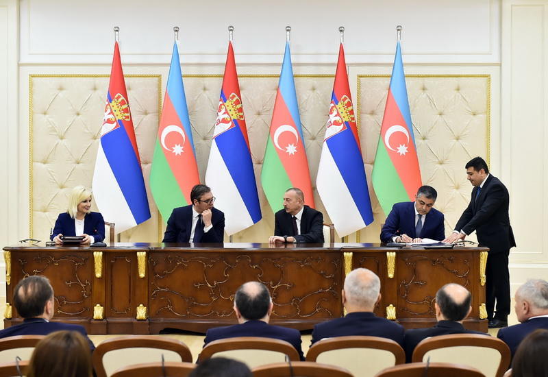 Президенты Азербайджана и Сербии выступили с заявлениями для печати