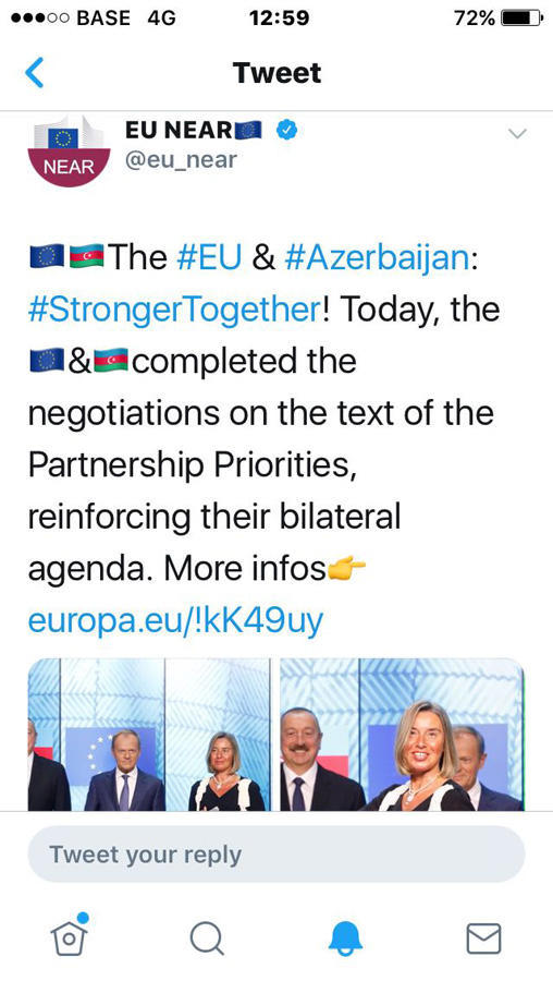 Официальные представители ЕС распространили в Twitter сообщения о встрече Президента Ильхама Алиева с Дональдом Туском и парафировании приоритетов партнерства
