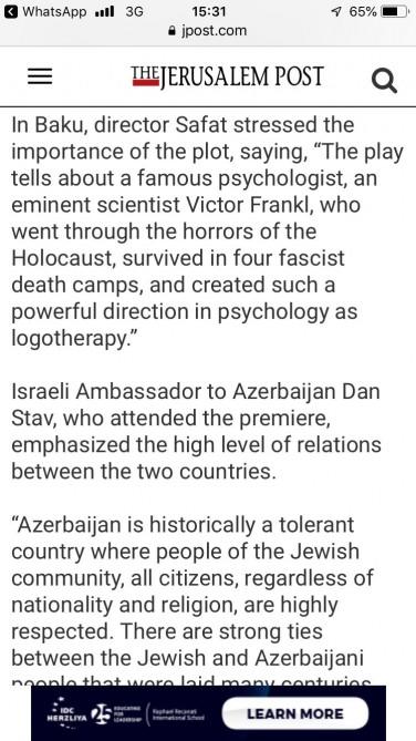Газета "The Jerusalem Post" о премьере пьесы Идо Нетаньяху в Центре мугама в Баку