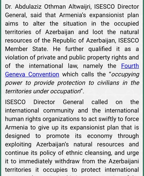 ИСЕСКО осудила действия Армении на оккупированных территориях Азербайджана