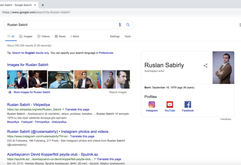 Google включил имя азербайджанского актера в свою базу данных известных личностей