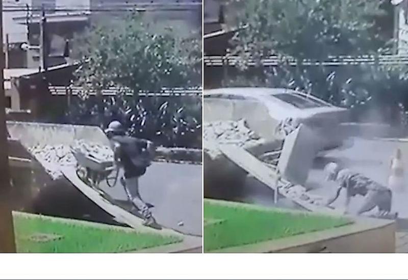 Неуклюжий строитель не довёз тачку со смесью и выгрузил её на себя