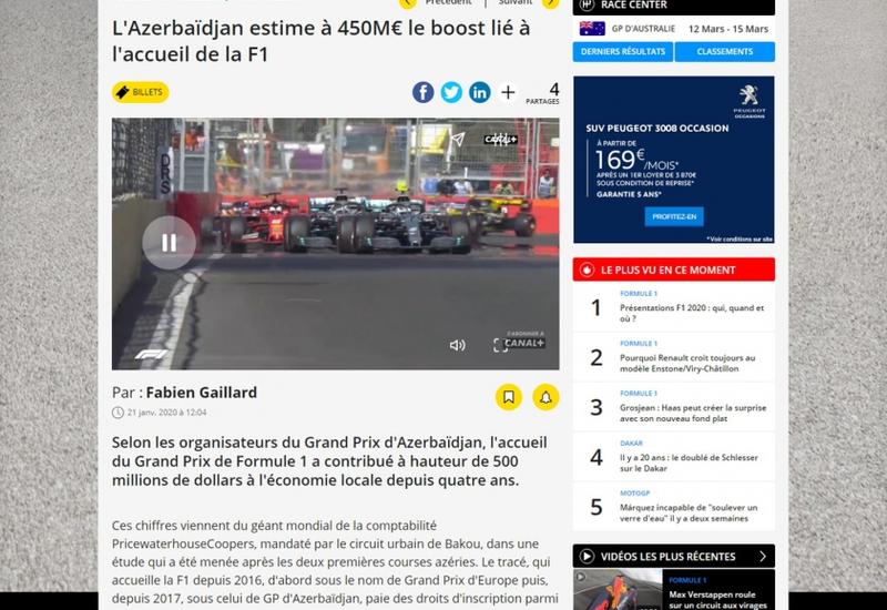 Fransanın “Motorsport.com” portalı Formula 1 Azərbaycan Qran-Prisinin ölkə iqtisadiyyatına töhfəsindən yazıb