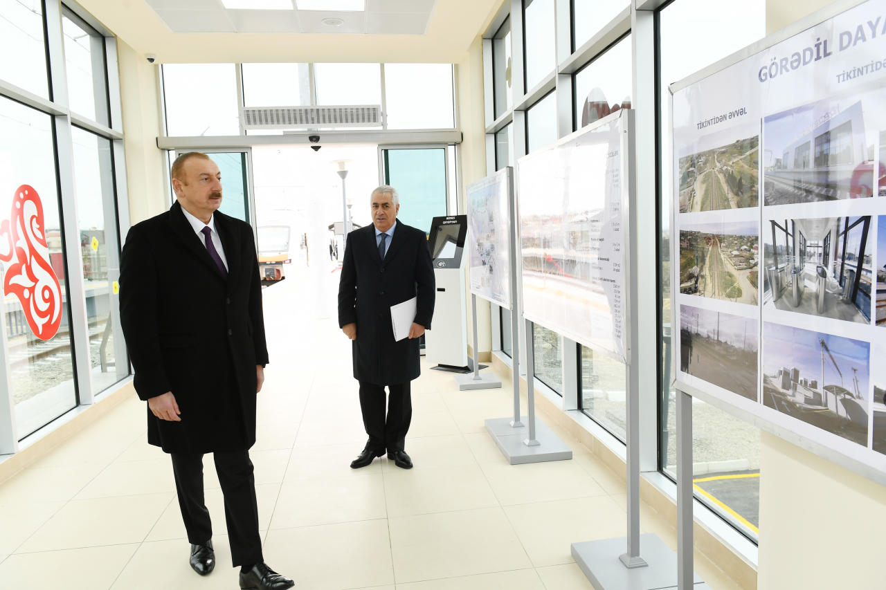 Президент Ильхам Алиев принял участие в открытии после реконструкции участка Пиршаги-Горадиль-Новханы-Сумгайыт Абшеронской кольцевой железной дороги