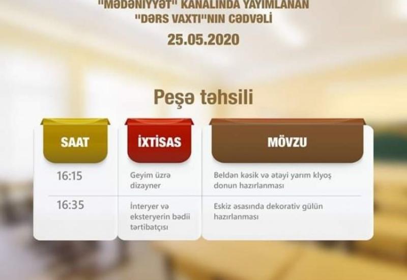 В Азербайджане опубликовано расписание телеуроков по профобразованию на завтра