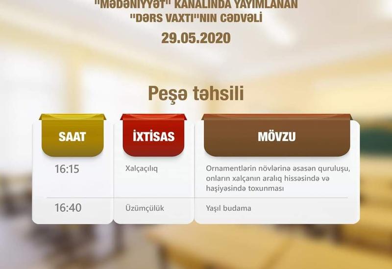 Расписание телеуроков по профобразованию в Азербайджане на 29 мая