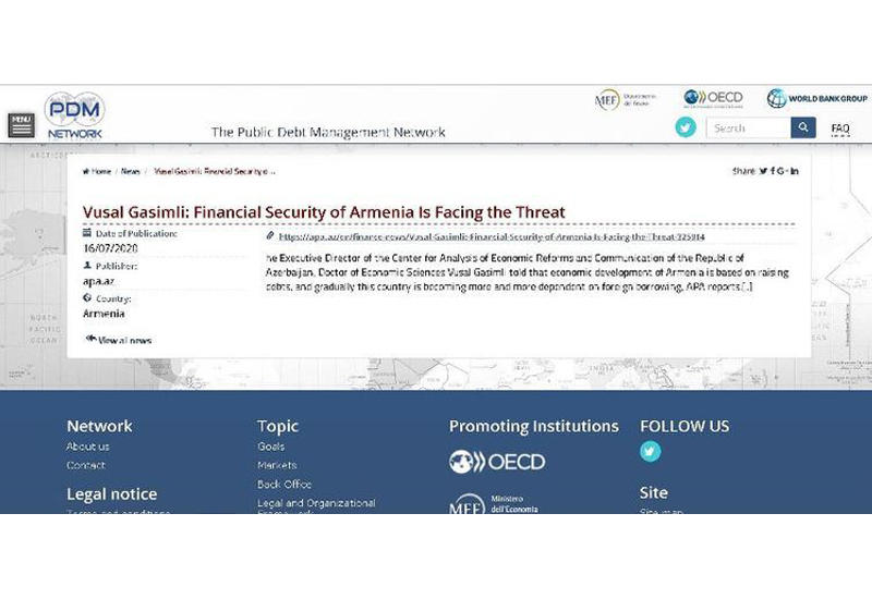 Dövlət Borcunun İdarəedilməsi Şəbəkəsi Ermənistanın maliyyə təhlükəsizliyi barədə material paylaşıb