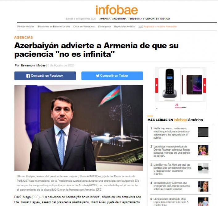 Hikmət Hacıyevin EFE informasiya agentliyinə müsahibəsi bir sıra ölkələrin qəzet və xəbər saytlarında dərc edilib