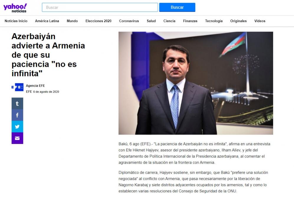 Hikmət Hacıyevin EFE informasiya agentliyinə müsahibəsi bir sıra ölkələrin qəzet və xəbər saytlarında dərc edilib