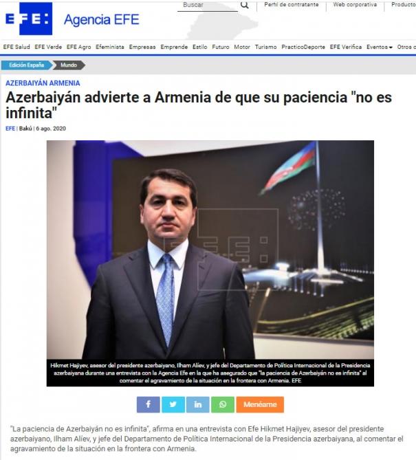 Hikmət Hacıyevin EFE informasiya agentliyinə müsahibəsi bir sıra ölkələrin qəzet və xəbər saytlarında dərc edilib