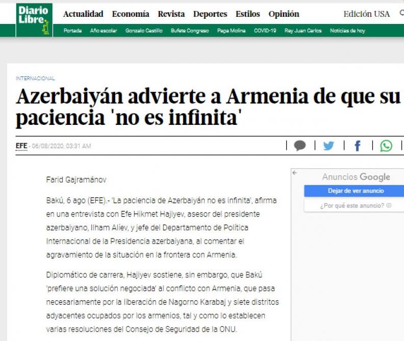 Hikmət Hacıyevin EFE informasiya agentliyinə müsahibəsi bir sıra ölkələrin qəzet və xəbər saytlarında dərc edilib