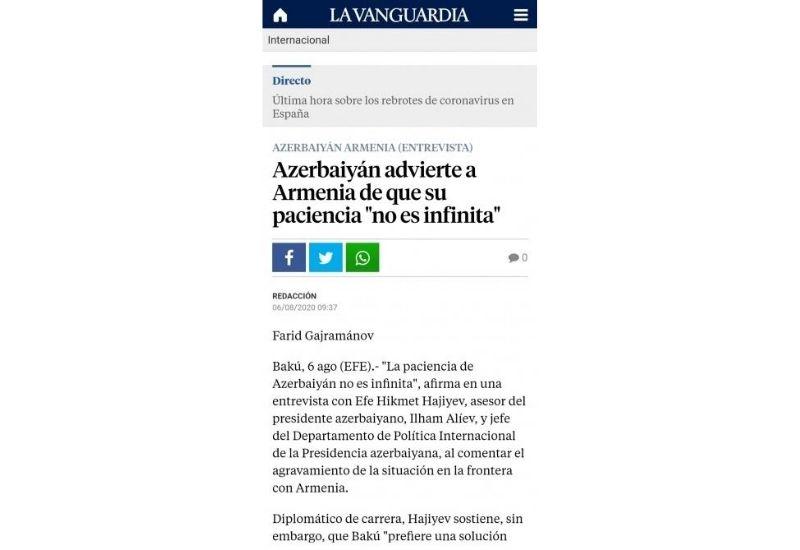 Хикмет Гаджиев: Армения должна понимать, что терпение Азербайджана не безгранично