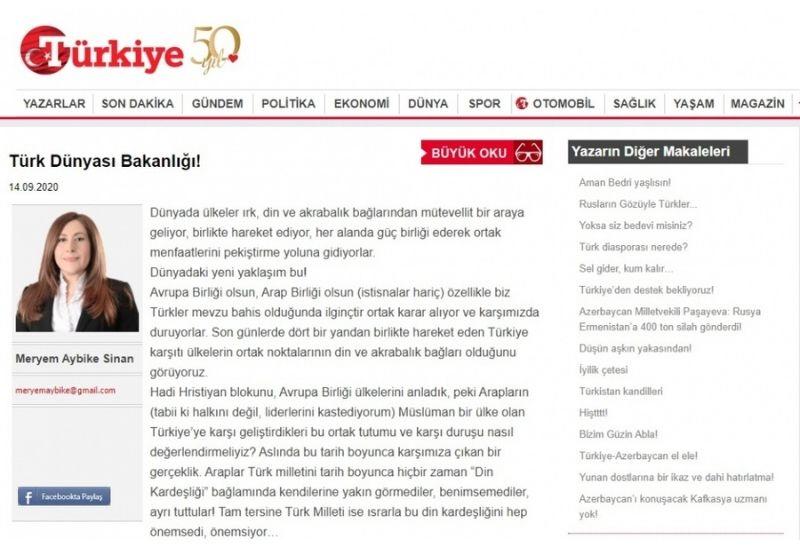 “Türkiyə” qəzetində dərc edilən məqalədə türkdilli dövlətlər və xalqlar arasında əməkdaşlığın inkişafının vacibliyindən bəhs olunur