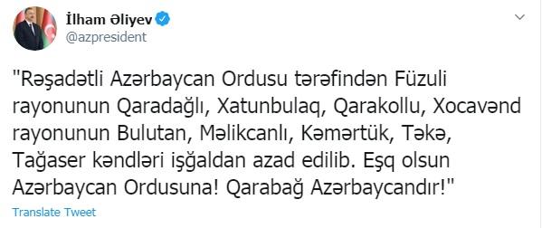Президент Ильхам Алиев: Азербайджанская армия освободила несколько сел в Физулинском и Ходжавендском районах