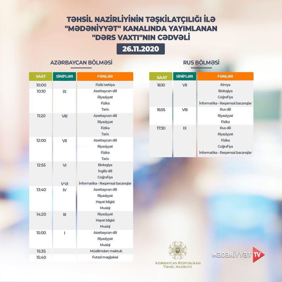 Расписание телеуроков на 26 ноября