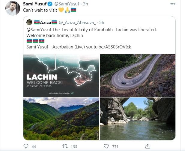 Сами Юсуф поделился публикацией по случаю освобождения Лачина