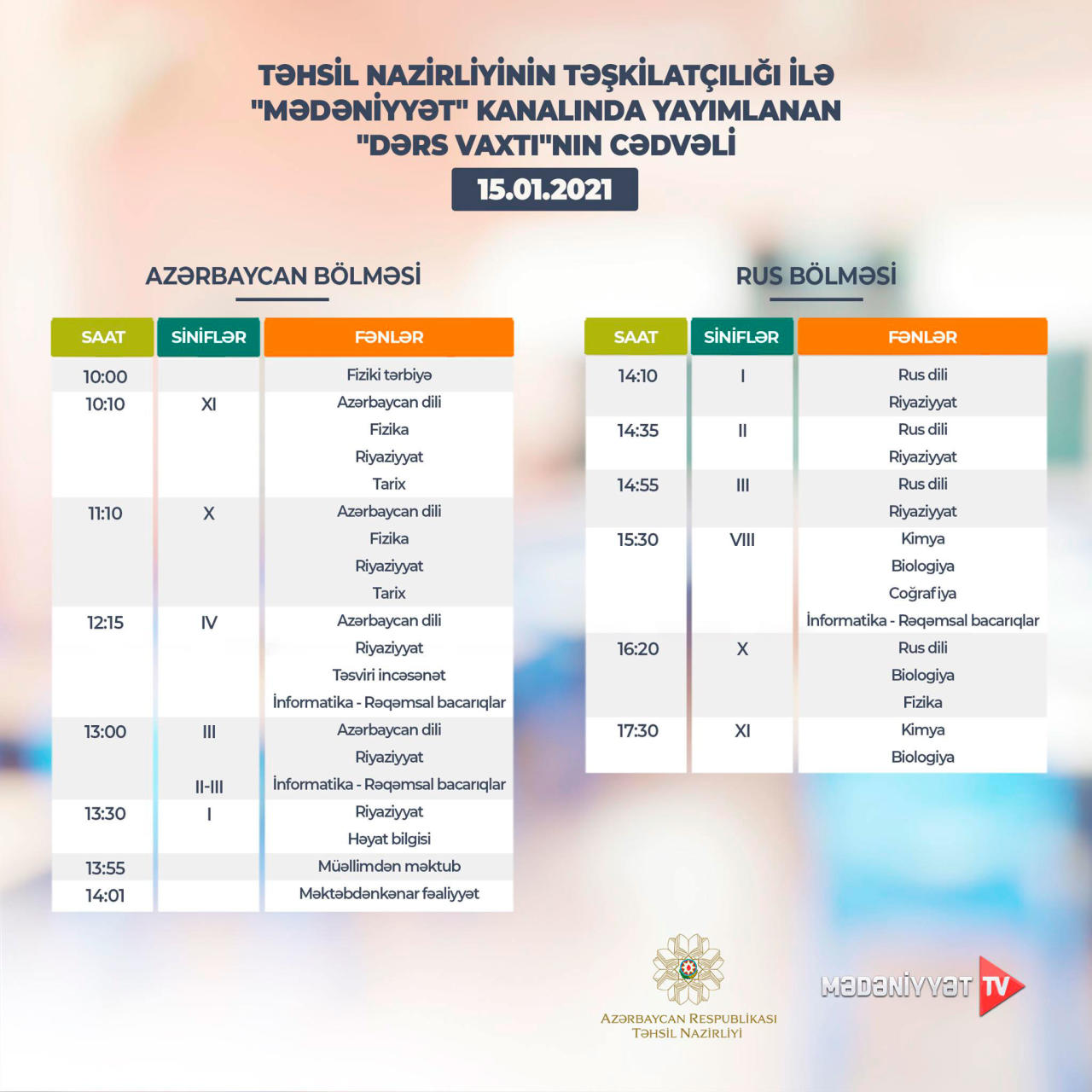 График телеуроков на 15 января