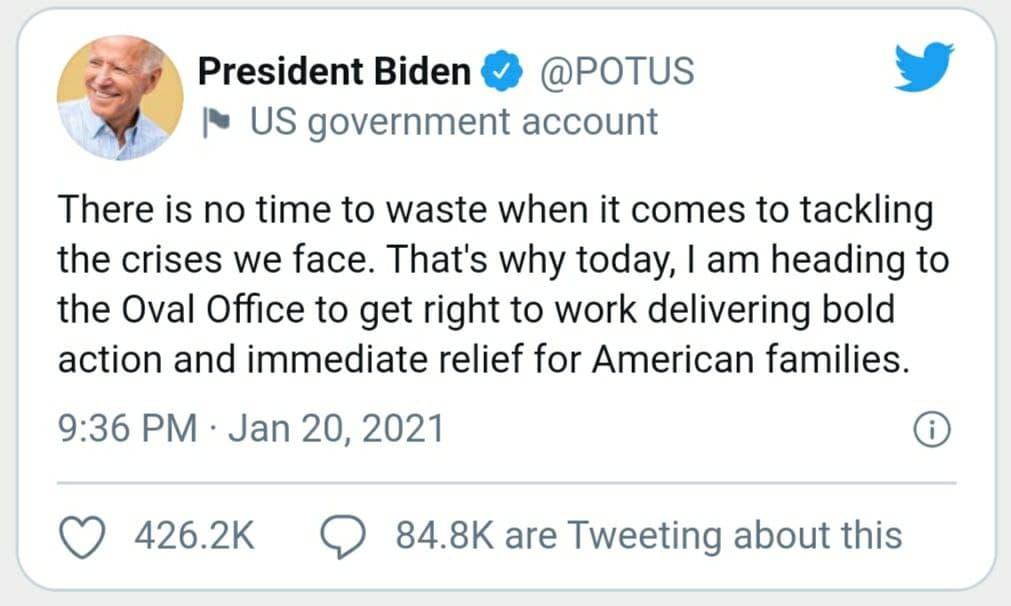 Байден сделал первую запись в Twitter в качестве президента США