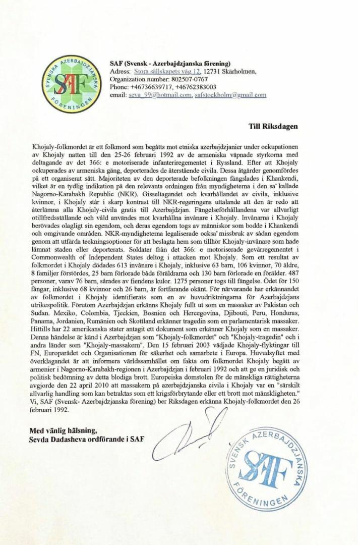 Шведско-азербайджанская ассоциация призвала парламент Швеции признать Ходжалинский геноцид
