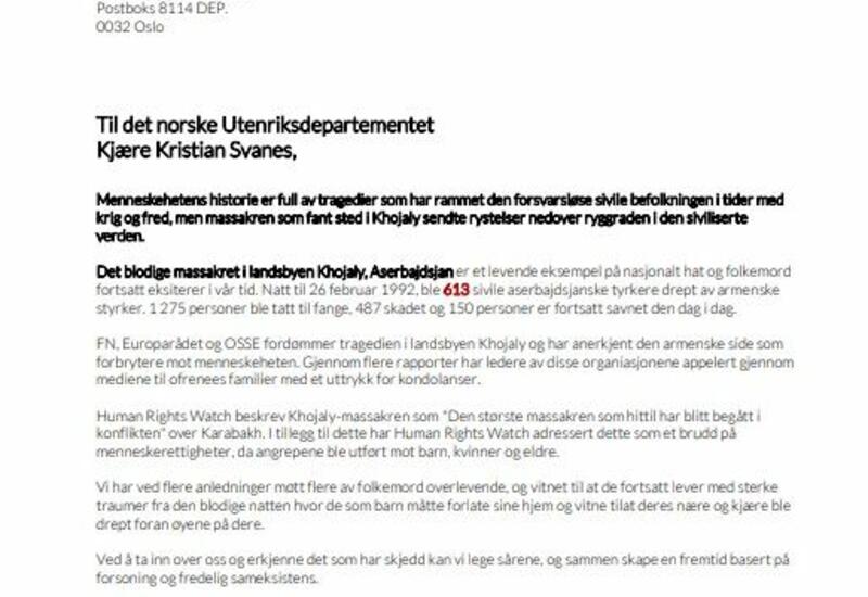 Диаспорская организация призвала правительство Норвегии признать Ходжалинский геноцид