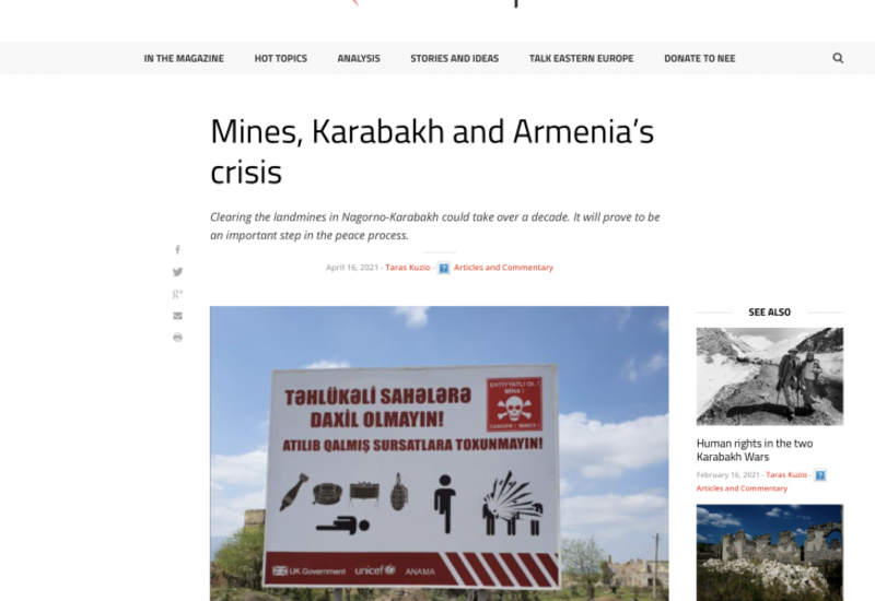 Şərqi Avropa portalında “Minalar, Qarabağ və Ermənistanda böhran” adlı məqalə dərc olunub