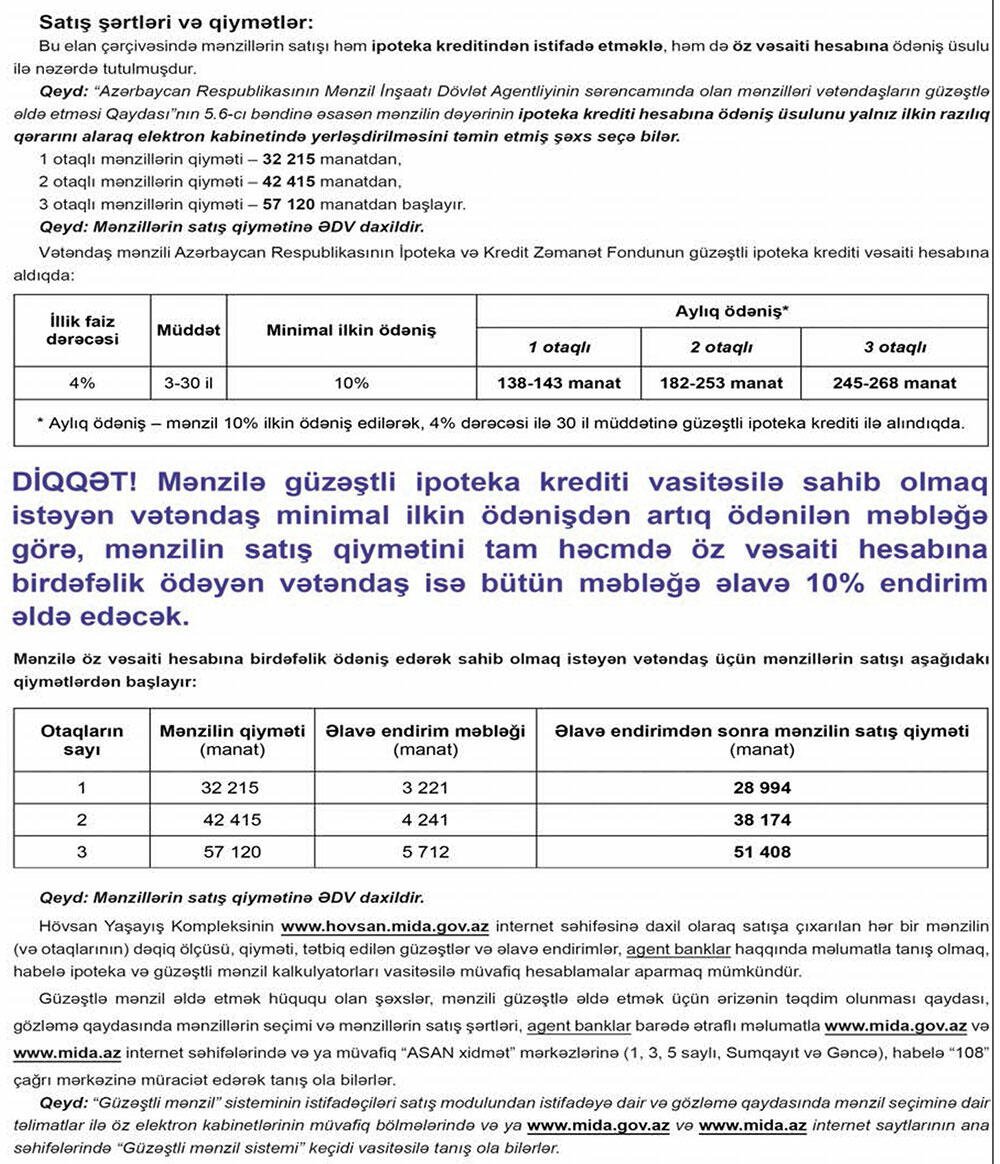 Aylıq ödənişi 138 manatdan başlayan mənzillər satışa çıxır