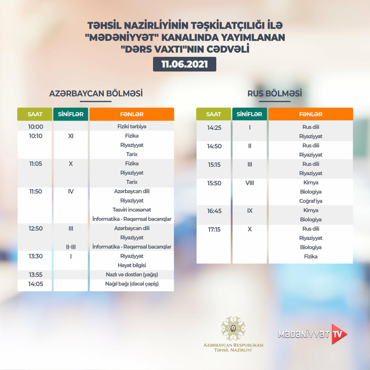 График телеуроков на 11 июня