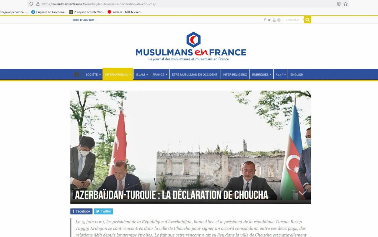 Azərbaycanlı jurnalist Fransa mediasında Şuşa bəyannaməsindən yazdı