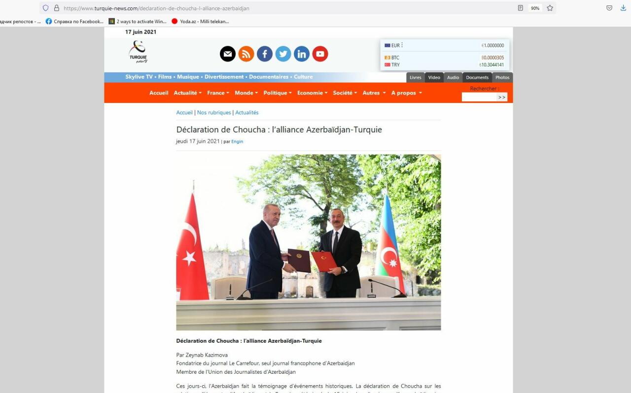 Azərbaycanlı jurnalist Fransa mediasında Şuşa bəyannaməsindən yazdı