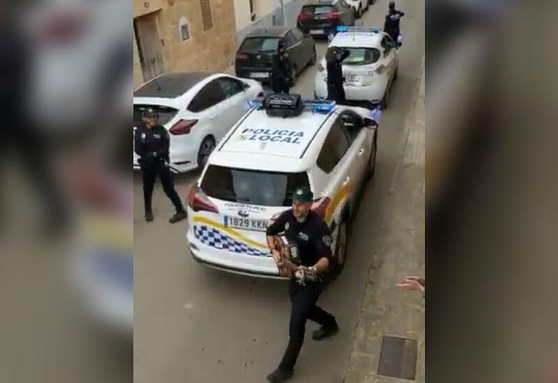 Испанская полиция "обезвреживает" преступника с ножом пластиковым ограждением