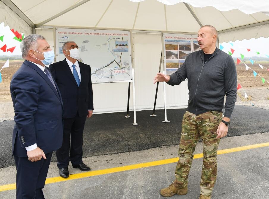 Президент Ильхам Алиев принял участие в открытии автомобильных дорог, ведущих в поселок Суговушан и село Талыш Тертерского района