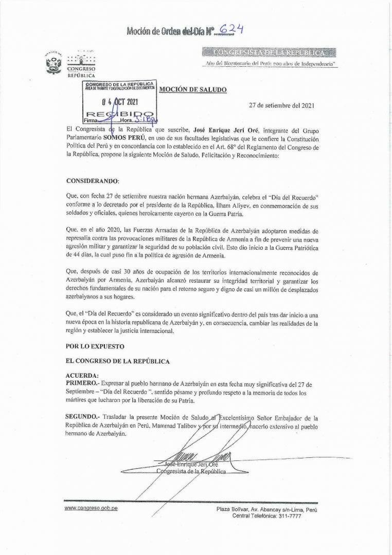 Peru Konqresində 27 sentyabr – Anım Günü ilə bağlı bəyanat qəbul edilib