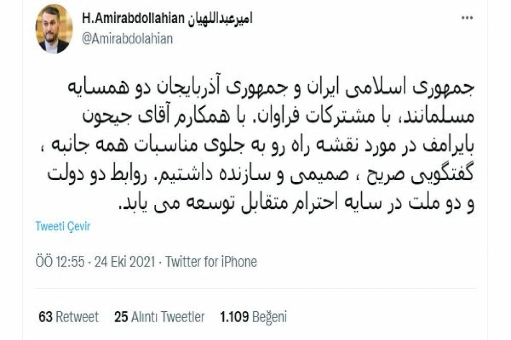 İranla Azərbaycan arasında münasibətlər qarşılıqlı hörmətə əsaslanaraq davam edəcək