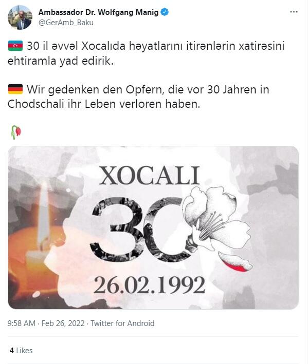 Посол Германии поделился публикацией в связи с Ходжалы