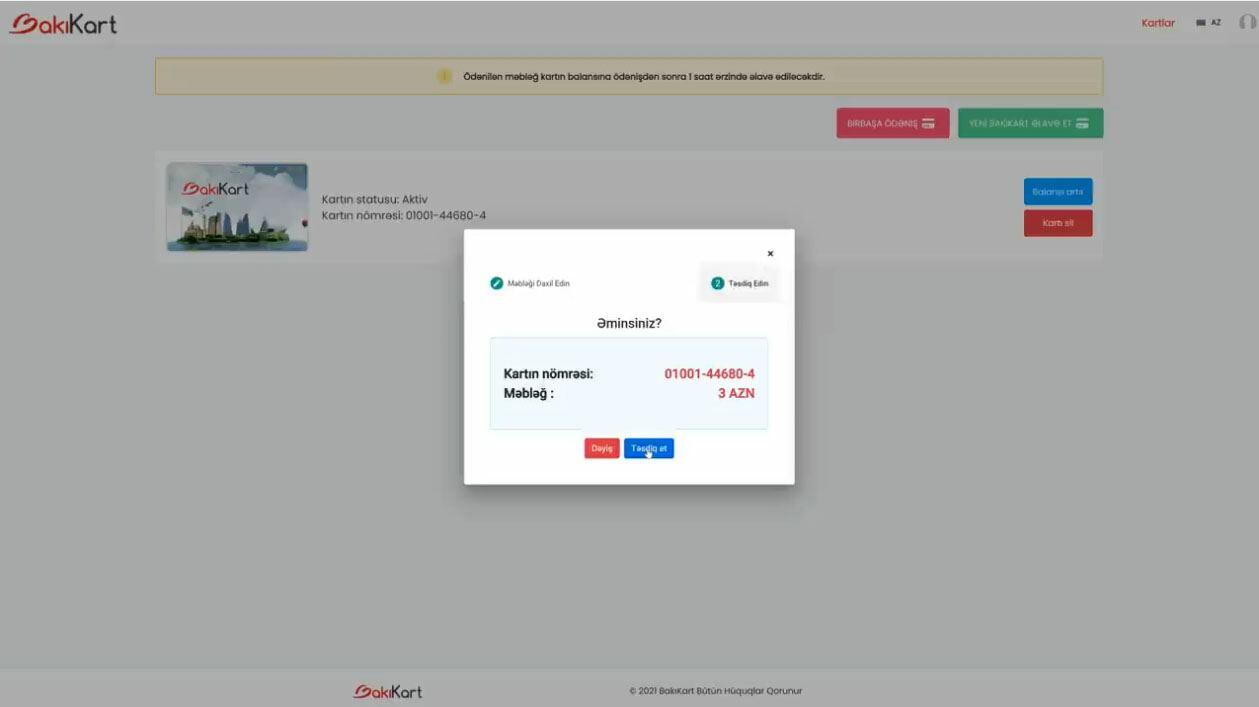 "Bakı kart"ın balansı onlayn necə artırılır?