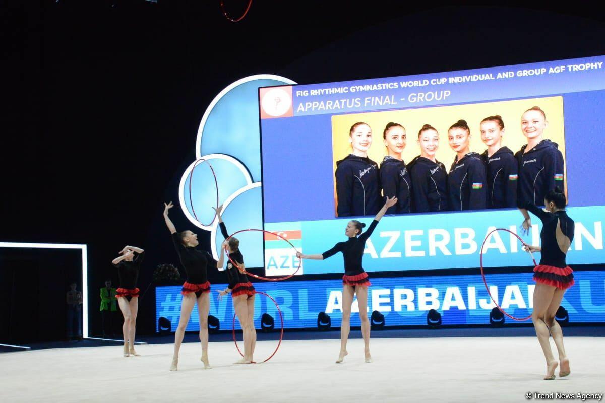 Команда Азербайджана заняла первое место в групповых упражнениях с пятью обручами на Кубке мира в Баку