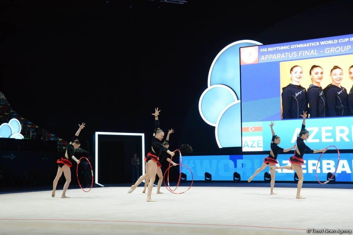 Команда Азербайджана заняла первое место в групповых упражнениях с пятью обручами на Кубке мира в Баку