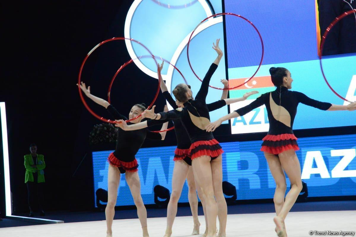Команда Азербайджана заняла первое место в групповых упражнениях с пятью обручами на Кубке мира в Баку