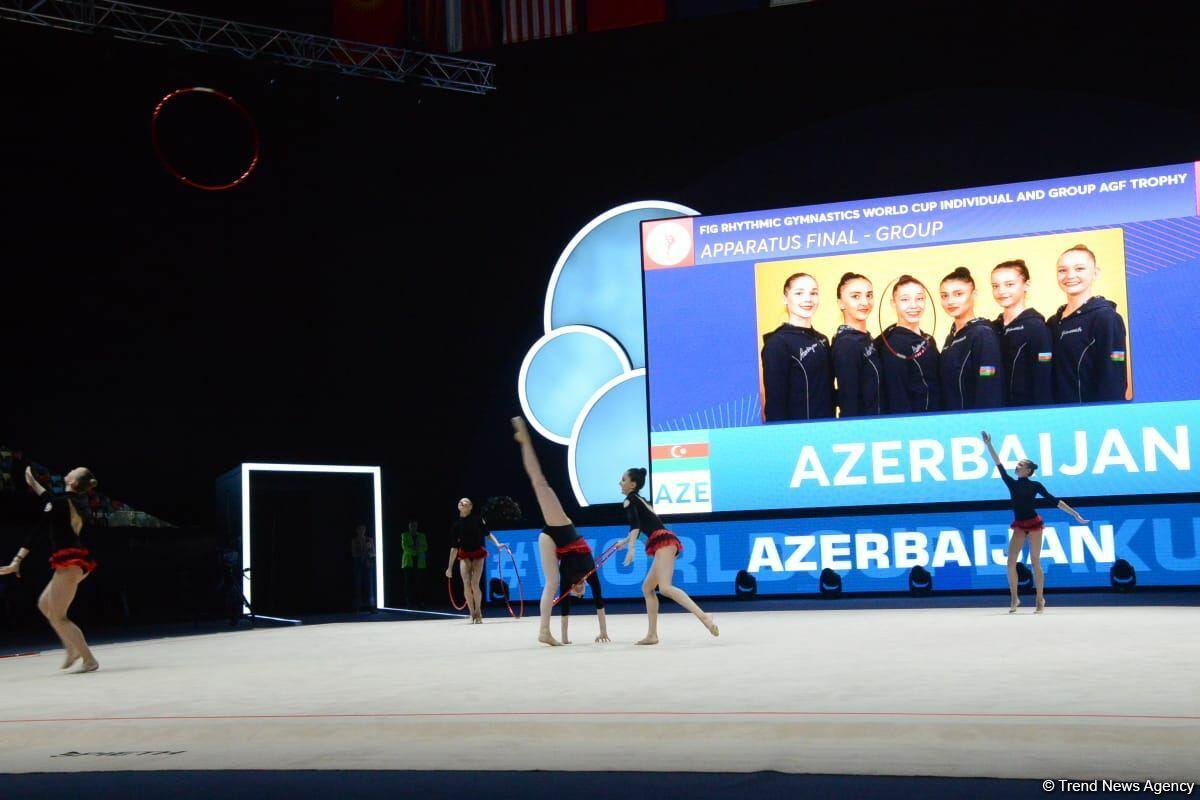 Команда Азербайджана заняла первое место в групповых упражнениях с пятью обручами на Кубке мира в Баку