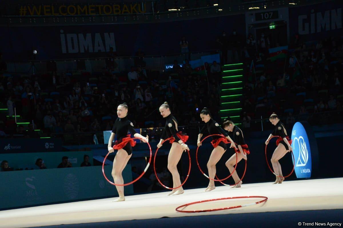 Команда Азербайджана заняла первое место в групповых упражнениях с пятью обручами на Кубке мира в Баку