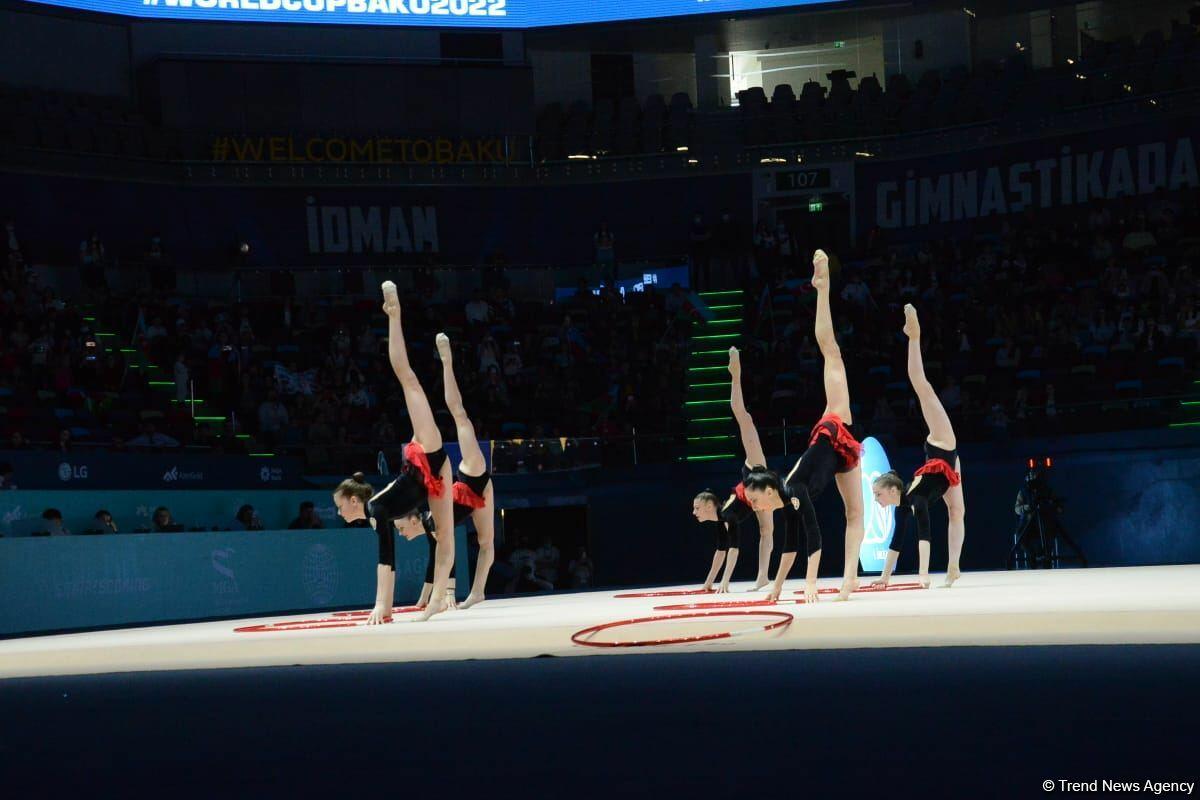 Команда Азербайджана заняла первое место в групповых упражнениях с пятью обручами на Кубке мира в Баку