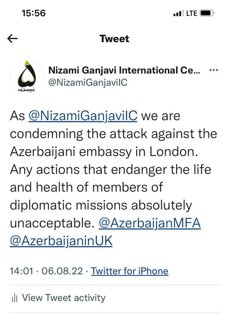 Nizami Gəncəvi Beynəlxalq Mərkəzi Azərbaycanın Londondakı səfirliyinə hücumu pisləyib
