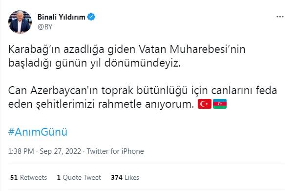 Бинали Йылдырым выразил соболезнования Азербайджану