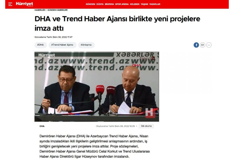 Türkiyənin "Hürriyet" qəzeti DHA və Trend BİA-nın birgə yeni layihələrindən yazdı