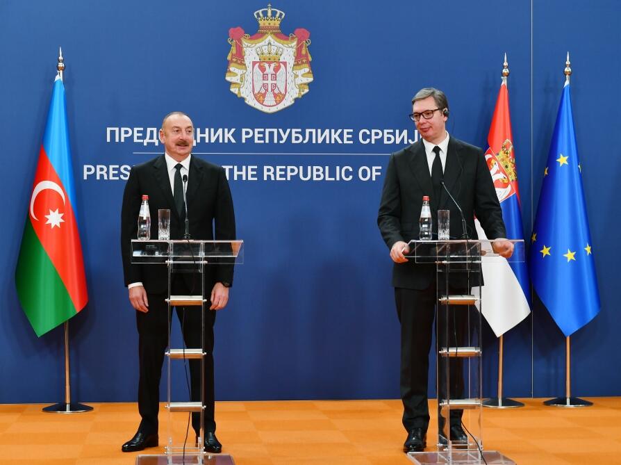 Президент Ильхам Алиев и Президент Александр Вучич выступили с заявлениями для печати